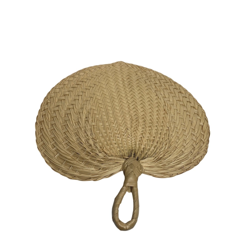 Vintage Handwoven Palm Leaf Hand Fan Natural Woven Straw Heart Shape Boho Decor